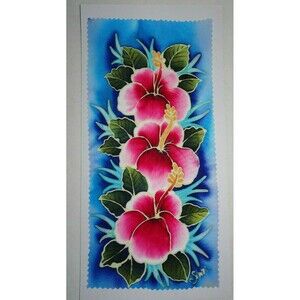 Signed Batik Art Painting Malaysian Silk Batik Hand Painted Art Work Hibiscus
